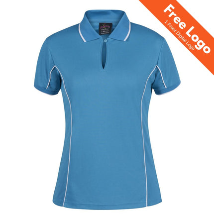 The JB's Wear Podium Ladies Piping Polo by JB's Wear is a blue polo with white piping, a collar, short sleeves, and moisture-wicking fabric. It features an orange "Free Logo, 1 Front Digital Logo" banner in the top right corner.