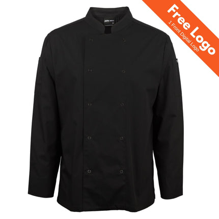JB's Wear Long Sleeve Snap Button Chefs Jacket in black, made from lightweight poly/cotton with snap closure, shown on a plain background. An orange banner at the top right says: Free Logo | 1 Front Digital Logo. Brand: JB's Wear.