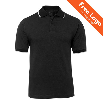 JB's Wear Nail Head Cotton Comfort Polo by JB's Wear: black short-sleeve polo with collar and white trim on sleeves and collar. Ideal for corporate workwear Australia. Orange banner: Free Logo | 1 Front Digital Logo.