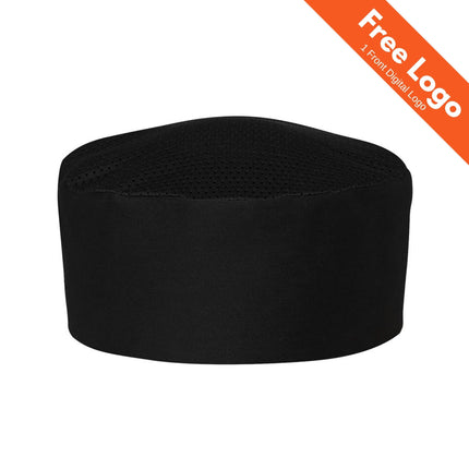 The JB's Wear Chefs Vented Cap by JB's Wear is displayed on a white background. It features a plain black design with a mesh top, and an orange corner banner says "Free Logo, 1 Front Digital Logo.