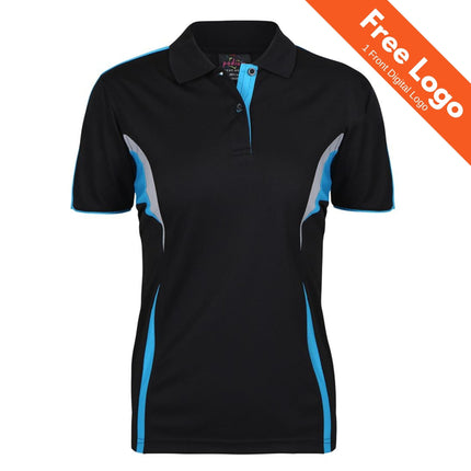 A black JB's Wear Podium Ladies Cool Polo with blue and gray side accents, made from lightweight, moisture-wicking polyester. An orange banner in the top right corner reads "Free Logo 1 Front Digital Logo.