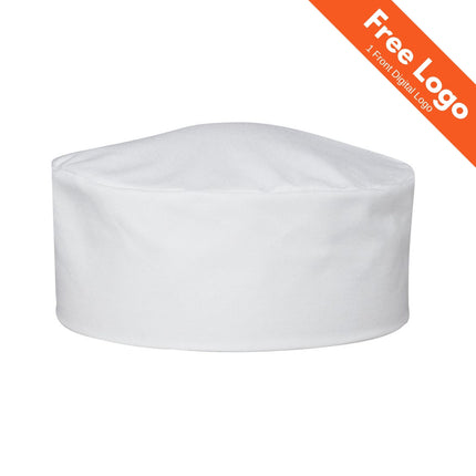The JB's Wear Chefs Cap by JB's Wear is a plain white, flat-top chef’s cap shown on a white background. An orange banner states "Free Logo: 1 Front Digital Logo"—ideal for food service or any commercial kitchen.