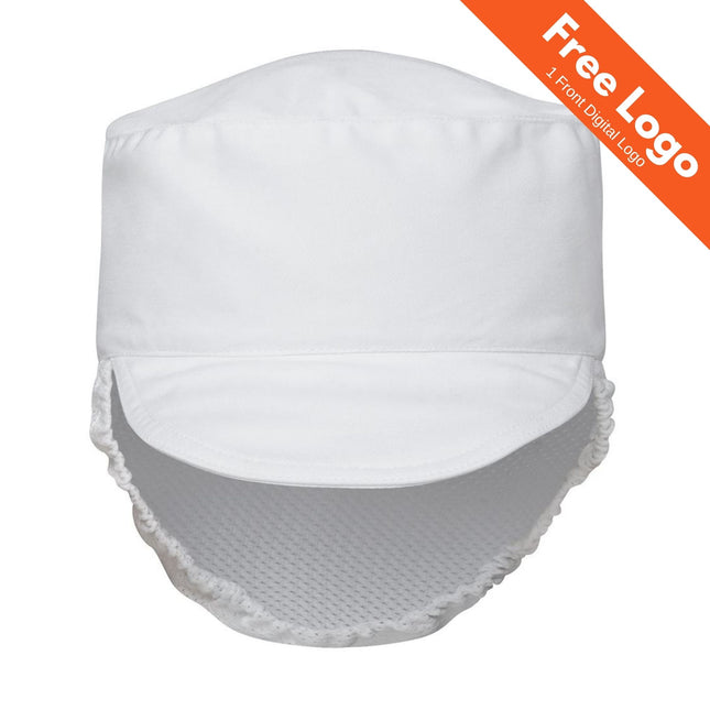 The JB's Wear Food Prep Hat, by JB's Wear, is a white mesh-back hat with an elastic band, shown front-on with a bright orange "Free Logo 1 Front Digital Logo" banner—perfect for food safety in any commercial kitchen.
