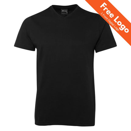 The JB's Wear V-Neck Tee 100% Cotton, a black T-shirt by JB's Wear, is displayed on a white background with an orange banner in the top right corner stating “Free Logo 1 Front Digital Logo.”.