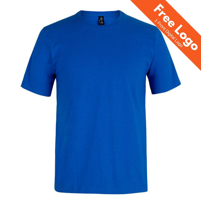 JB's Wear Men's Bobbin Tee in royal blue, short sleeves, cotton with a round neck, shown on white. Orange banner says "Free Logo, 1 Front Digital Logo." Ideal for staff uniforms; UPF protection suitable for outdoor work. Brand: JB's Wear.