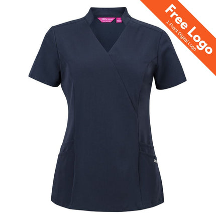 The JB's Wear Ladies NU Mandarin Collar Scrub Top features short sleeves, stretch fabric, two side pockets, and a stylish mandarin collar. An orange banner in the top right corner says Free Logo | 1 Front Digital Logo.