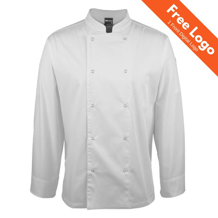 The JB's Wear Long Sleeve Snap Button Chefs Jacket by My Promo Shop is displayed. An orange banner reads "Free Logo and 1 Front Digital Logo" in white text.