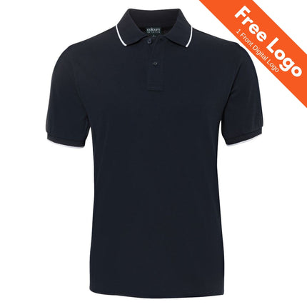 The JB's Wear Contrast Face Polo by JB's Wear is a plain black short-sleeve shirt with white trim on the collar and sleeves—perfect for hospitality uniforms or branded workwear in Australia. An orange banner states: Free Logo 1 Front Digital Logo.