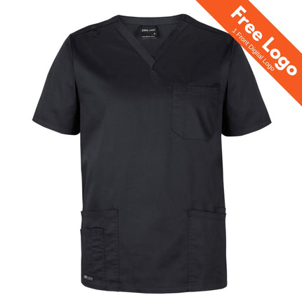JB's Wear Unisex Premium Scrub Top: black, short-sleeve, V-neck with three front pockets. "Free Logo 1 Front Digital Logo" displayed in an orange banner at the top right. Brand: JB's Wear.