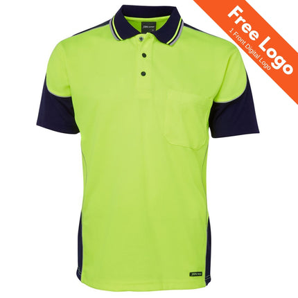 JB's Wear Hi-Vis Contrast Piping Polo by JB's Wear: high-visibility yellow-green with navy sleeves, collar, and side panels. Moisture-wicking fabric, chest pocket, button-up collar. Free 1 front digital logo included!.