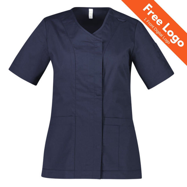Biz Care Womens Parks Zip Front Crossover Scrub Top in navy blue, cotton-rich with short sleeves and two front pockets, shown on a white background. An orange "Free Logo 1 Front Digital Logo" banner appears in the top right corner.