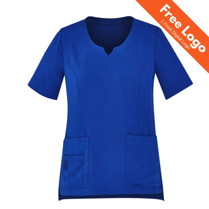 The Biz Care Womens Avery Round Neck Scrub Top by Biz Care features short sleeves, two front pockets, moisture-wicking fabric, and a round neckline. An orange banner at the top right reads Free Logo 1 Front Digital Logo.