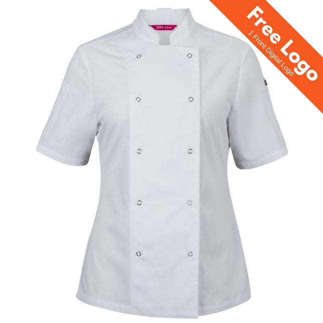 The JB's Wear Ladies Short Sleeve Snap Button Chef Jacket is a white, lightweight poly cotton jacket with a standing collar and double-breasted snap buttons. An orange banner at the top right says "Free Logo 1 Front Digital Logo.