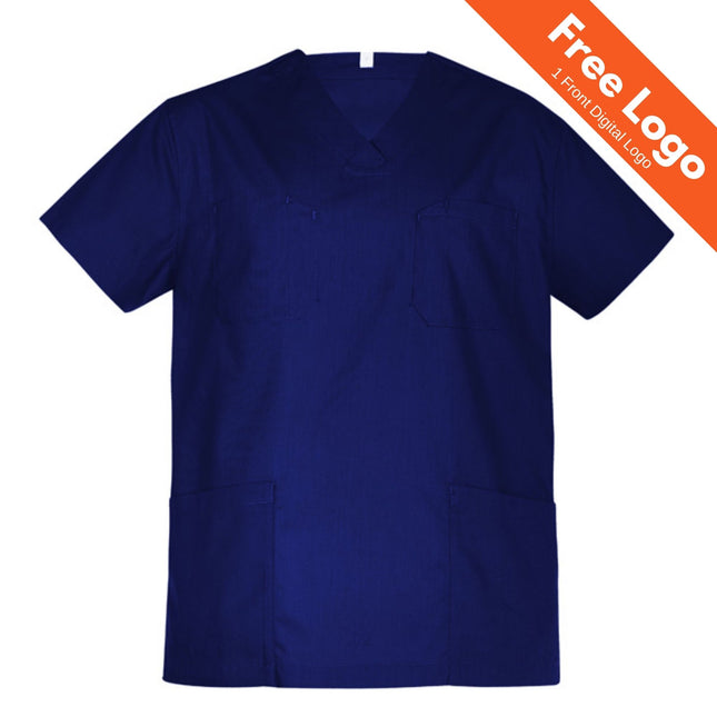 The Biz Care Unisex Hartwell Reversible Scrub in plain navy blue with short sleeves and pockets is shown on a white background. An orange corner banner offers a Free Logo: 1 Front Digital Logo.
