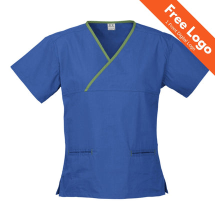 The Biz Care Classic Womens Contrast Crossover Scrub Top by Biz Care features a blue design with green trim, two front pockets, and a Free Logo offer on an orange banner—an ideal high-performance choice for hygienic clinical settings.