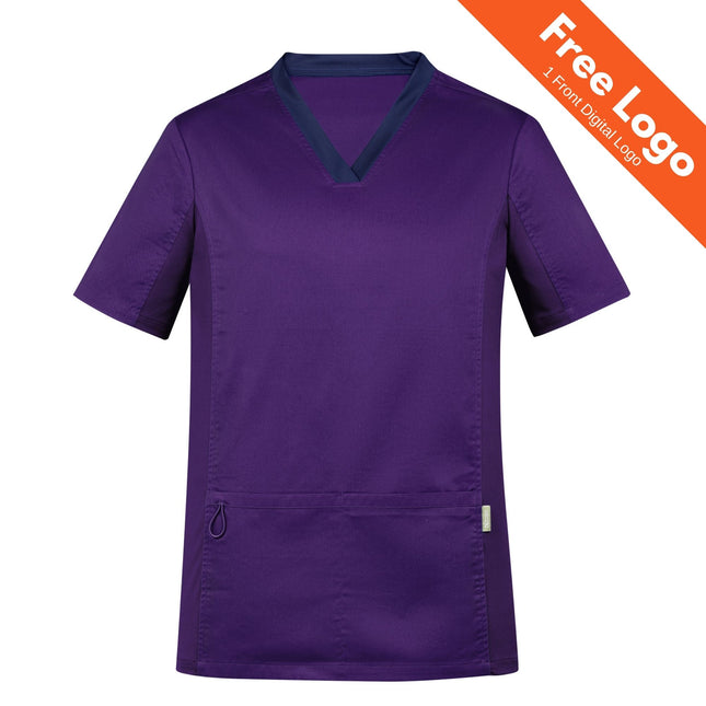 The Biz Care Mens Riley Stretch Scrub Top is a purple, cotton-rich short-sleeved top with a dark blue V-neck collar and front pocket. An orange banner at the top right states: Free Logo, 1 Front Digital Logo. Brand: Biz Care.