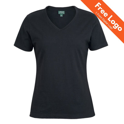 The JB's Wear Ladies V-Neck Tee by JB's Wear is displayed on a white background with an orange banner stating "Free Logo 1 Front Digital Logo." Perfect for business uniforms Australia, it blends everyday comfort with a professional look.