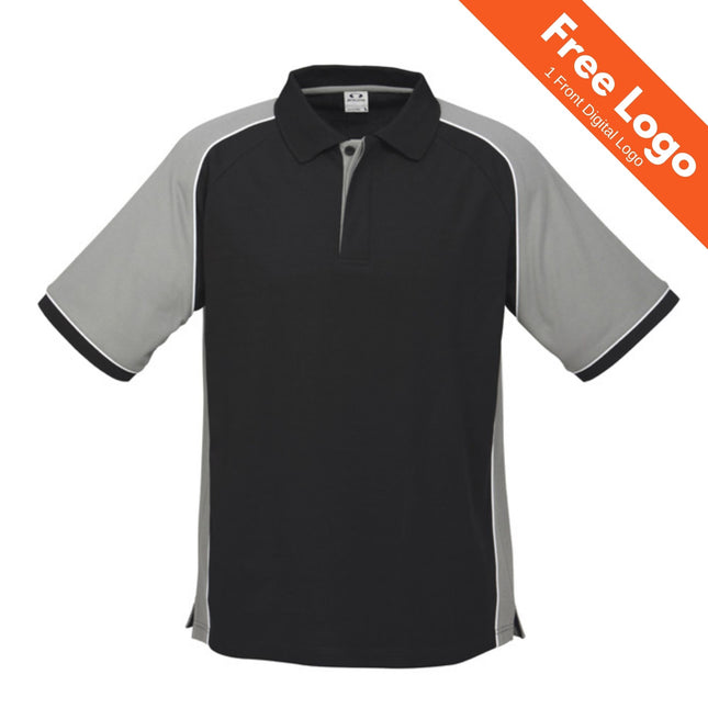 The Biz Collection Mens Nitro Short Sleeve Polo in black and gray features white piping and a stylish workwear design. An orange “Free Logo 1 Front Digital Logo” banner appears at the top right, all on a plain white background. Brand: Biz Collection.