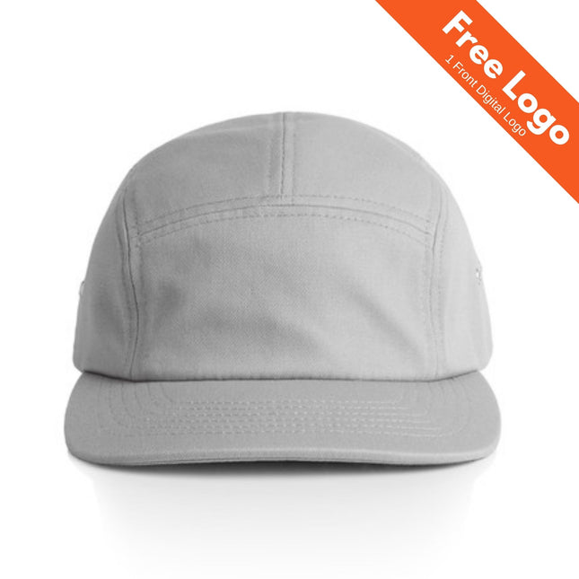 The AS Colour Finn Five Panel Cap by AS Colour is shown front-facing on a white background. An orange corner banner says “Free Logo 1 Front Digital Logo.” Made from 100% cotton, this stylish cap offers comfort and durability.