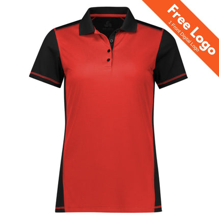 The Biz Collection Womens Dart Short Sleeve Polo in red and black features a collar and buttons, shown on a white background. An orange banner says “Free Logo | 1 Front Digital Logo.” Ideal branded workwear from Biz Collection Australia.