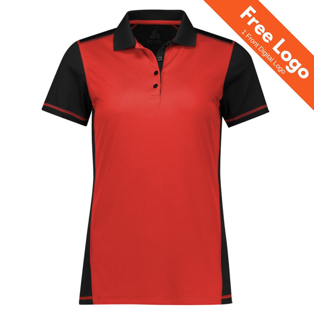 The Biz Collection Womens Dart Short Sleeve Polo in red and black features a collar and buttons, shown on a white background. An orange banner says “Free Logo | 1 Front Digital Logo.” Ideal branded workwear from Biz Collection Australia.