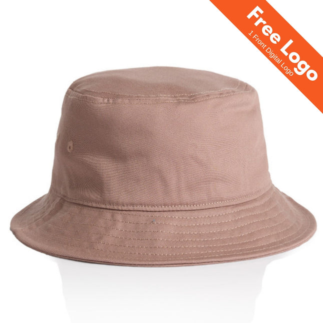 The AS Colour Womens Bucket Hat by AS Colour is a plain light brown 100% cotton hat with visible brim stitching. An orange banner at the top right corner says "Free Logo | 1 Front Digital Logo.