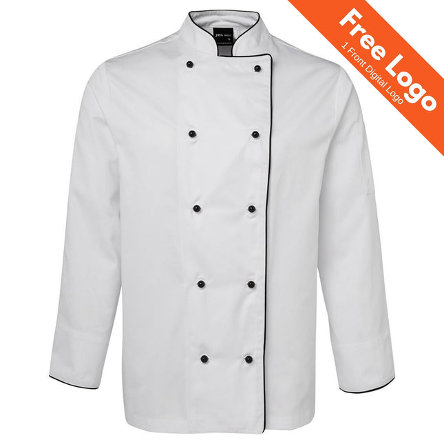 JB's Wear Long Sleeve Chefs Jacket: white poly cotton, black piping, long sleeves, double-breasted front with black buttons, stand-up collar. Free Logo—1 front digital logo included. Brand: JB's Wear.