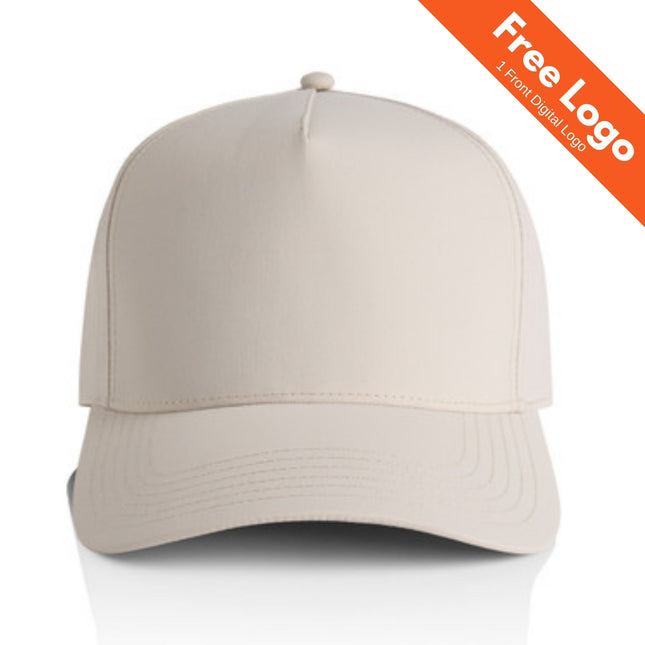 A plain beige AS Colour Frame Nylon Cap, front view, features a small orange "Free Logo | Front Digital Logo" banner—perfect for branded workwear in Australia.