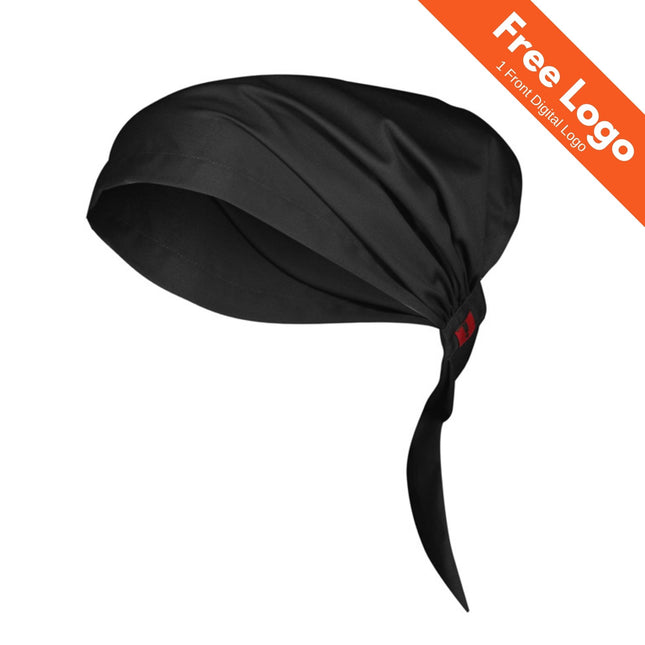 Biz Collection Twist Chef Bandana in black with tie-back, shown on a white background. An orange banner states: Free Logo | 1 Front Digital Logo—ideal for finishing your kitchen uniform. Brand: Biz Collection.