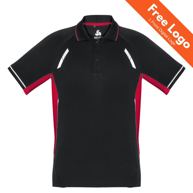 Biz Collection Kids Renegade Short Sleeve Polo in black and red with white accents, shown on a white background. Orange banner reads, "Free Logo, 1 Front Digital Logo." Ideal UPF 50+ shirt for school sports uniforms by Biz Collection.