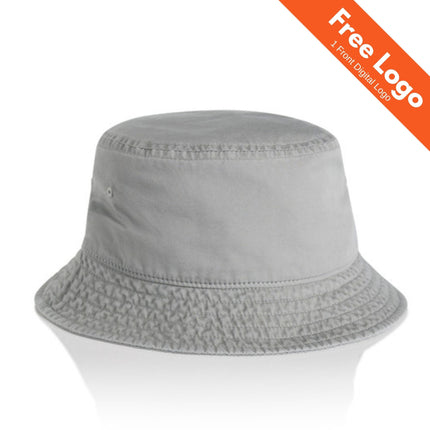 The AS Colour Faded Bucket Hat is a plain light gray bucket hat with a wide, downward-sloping brim. An orange banner in the top right corner says “Free Logo, 1 Front Digital Logo” in white text.