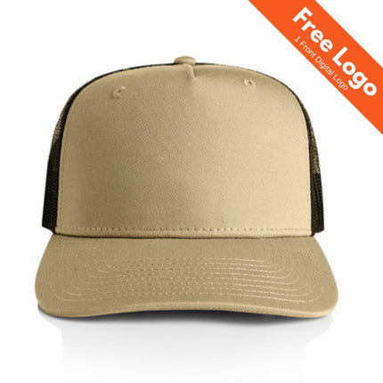 A front view of the AS Colour Stock Contrast Trucker by AS Colour in beige and black, featuring a curved bill. An orange corner banner says "Free Logo 1 Front Digital Logo"—perfect for custom branding or team uniforms.
