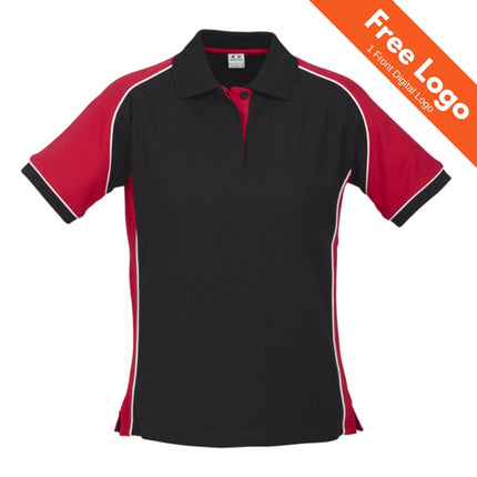 The Biz Collection Womens Nitro Short Sleeve Polo features a black body, red sleeves, white shoulder piping, and UPF 50+ protection. An orange banner in the top right says “Free Logo, 1 Front Digital Logo.”.