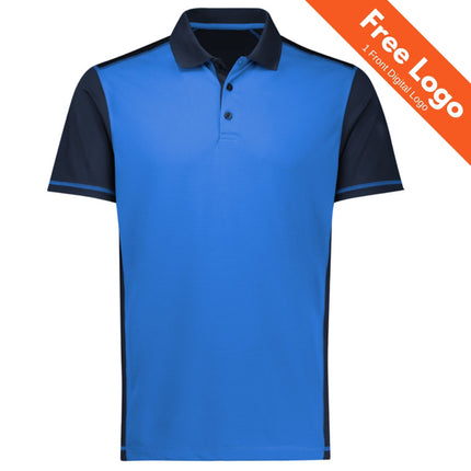 The Biz Collection Mens Dart Short Sleeve Polo features blue fabric with dark navy sleeves, shoulders, collar, and side panels. This breathable, moisture-wicking polo by Biz Collection is ideal for branded workwear Australia. Orange banner: Free Logo 1 Front Digital Logo.