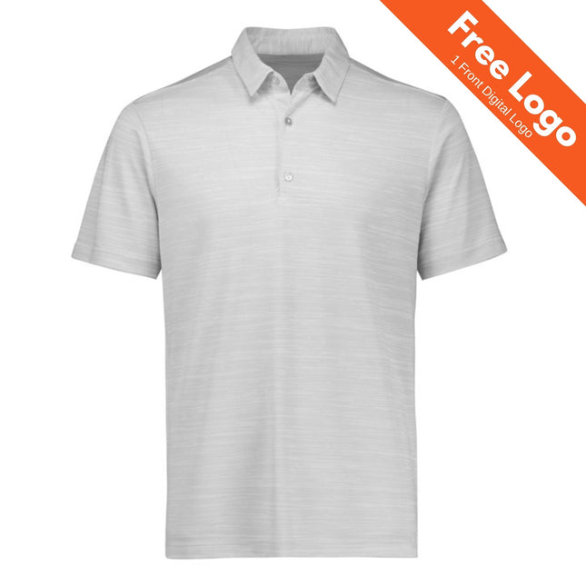 The Biz Collection Mens Orbit Short Sleeve Polo is a light gray, short sleeve collared shirt with three buttons. An orange corner banner reads "Free Logo | 1 Front Digital Logo." Eco-friendly, made from recycled polyester with no visible branding.