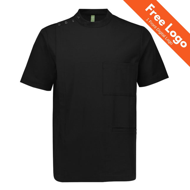 The Biz Care Mens Essence Pharmacy Jacket is a short-sleeved black healthcare jacket with a chest pocket and side buttons on the left shoulder; an orange "Free Logo, 1 Front Digital Logo" banner appears in the top right corner.