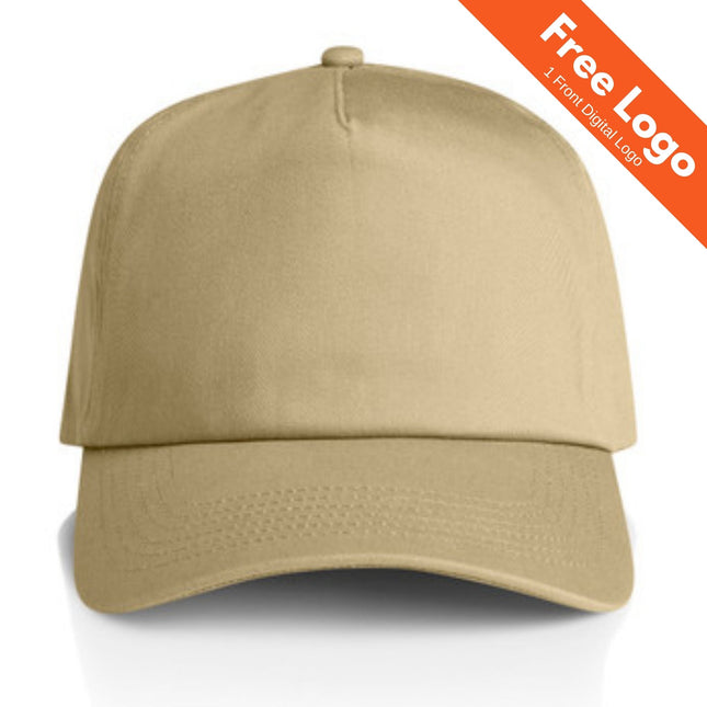 The AS Colour Frame Soft Cap by AS Colour is a plain beige snapback, shown front-on with a “Free Logo | 1 Front Digital Logo” sticker, displayed on an orange background—ideal for custom branded headwear.