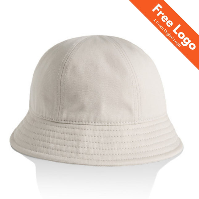 The AS Colour Womens Brim Bucket Hat by AS Colour is a plain, light beige 100% cotton hat with visible stitching, shown on a white background. An orange banner says "Free Logo 1 Front Digital Logo" in white text.