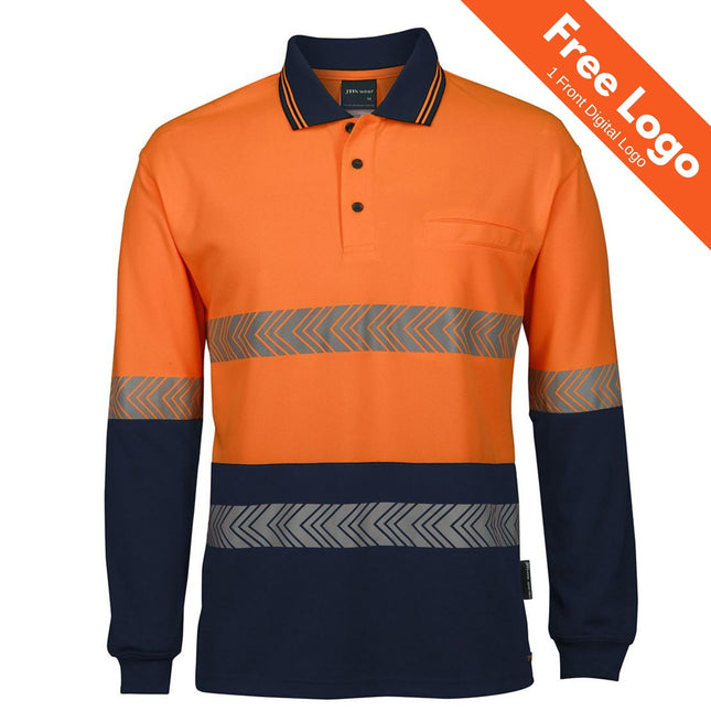 The JB's Wear Hi-Vis Long Sleeve Segmented Tape Polo features chevron-pattern reflective tape, moisture-wicking orange/navy fabric, collar, buttons, front pocket, and a “Free Logo” label in the top right corner.