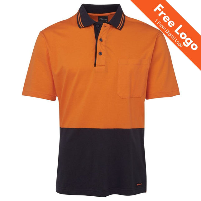 JB's Wear Hi-Vis Short Sleeve Cotton Polo by JB's Wear in orange and navy, with button-up collar and chest pocket. Includes a Free Logo 1 Front Digital Logo. Ideal as a high visibility work shirt for on-the-job safety.