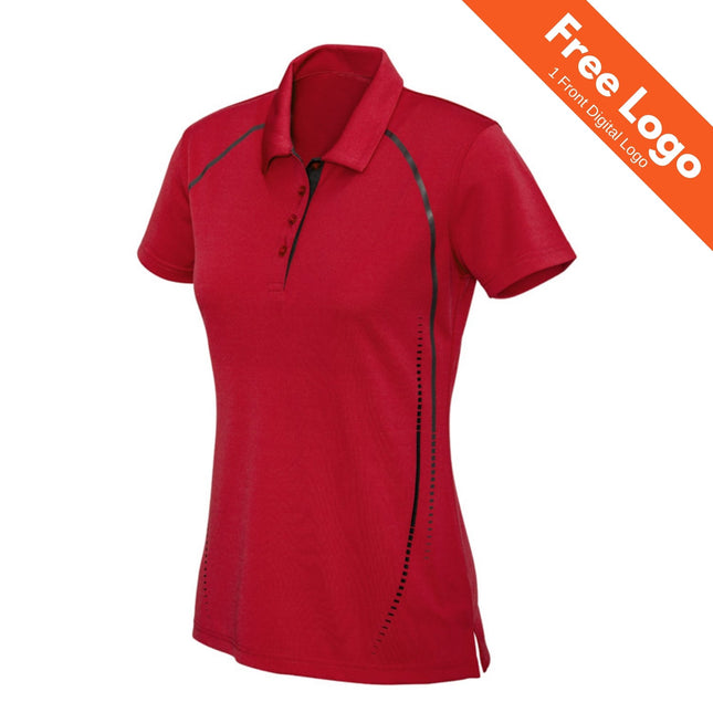 A Biz Collection Womens Cyber Short Sleeve Polo in red with black accents and collar on a white background. Made of breathable polyester, it offers UPF 50+ protection. Orange banner: Free Logo, 1 Front Digital Logo.