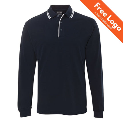 The JB's Wear Long Sleeve Contrast Polo by JB's Wear is a black workwear shirt with UPF protection, a collar, and white trim, shown on a white background. An orange corner banner says “Free Logo, 1 Front Digital Logo.”.
