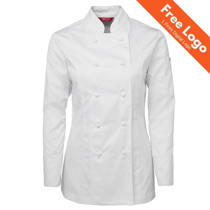 The JB's Wear Ladies Long Sleeve Chefs Jacket, made from poly cotton drill, is shown on a plain background. An orange banner at the top right says: Free Logo | 1 Front Digital Logo.