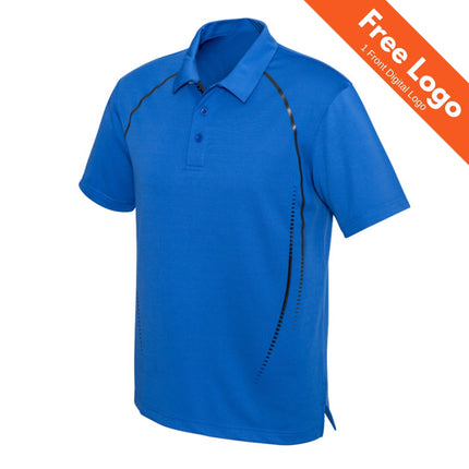 A royal blue Biz Collection Mens Cyber Short Sleeve Polo features black curved accents and breathable polyester fabric. An orange corner banner reads "Free Logo and 1 Front Digital Logo" in white text.