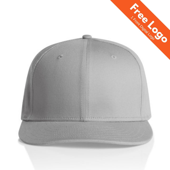 A plain, light gray AS Colour Stock Flex Cap is shown from the front. In the top right, an orange banner reads Free Logo - 1 Front Digital Logo—ideal for team uniforms or custom branding.