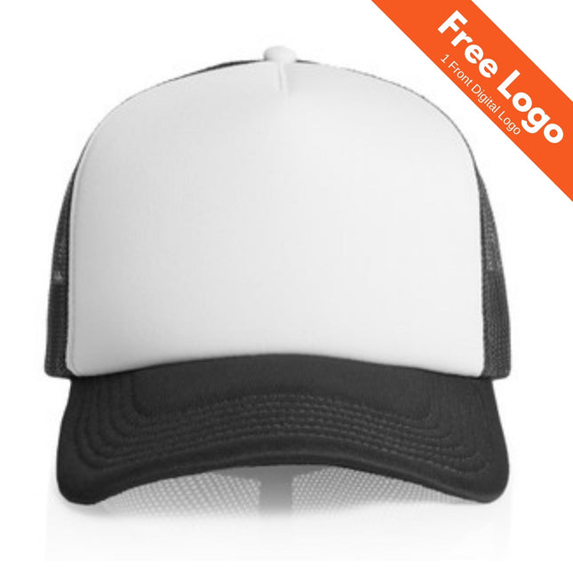 The AS Colour Frame Foam Two-Tone Trucker is a stylish snapback cap with a blank white front and black mesh sides. An orange banner at the top right states: Free Logo and 1 Front Digital Logo. Brand: AS Colour.