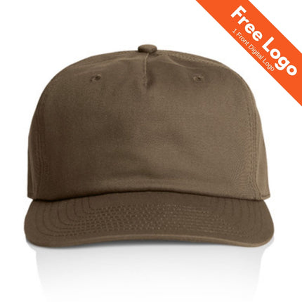 The AS Colour Class Five Panel Cap, shown in plain brown from the front on a white background, features an orange banner: Free Logo | 1 Front Digital Logo. Ideal for your custom branded headwear needs.