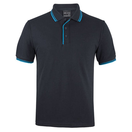 JB's Wear Contrast Classic Polo is a black polo with blue accents on the collar and cuffs, a three-button placket, ideal for corporate uniforms, and offers UPF 50+ sun protection.