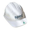 White hard hat with 'speq' branding on a white background