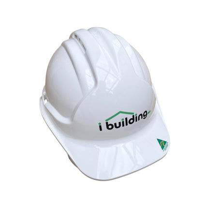 White hard hat with 'i building' logo on a white background